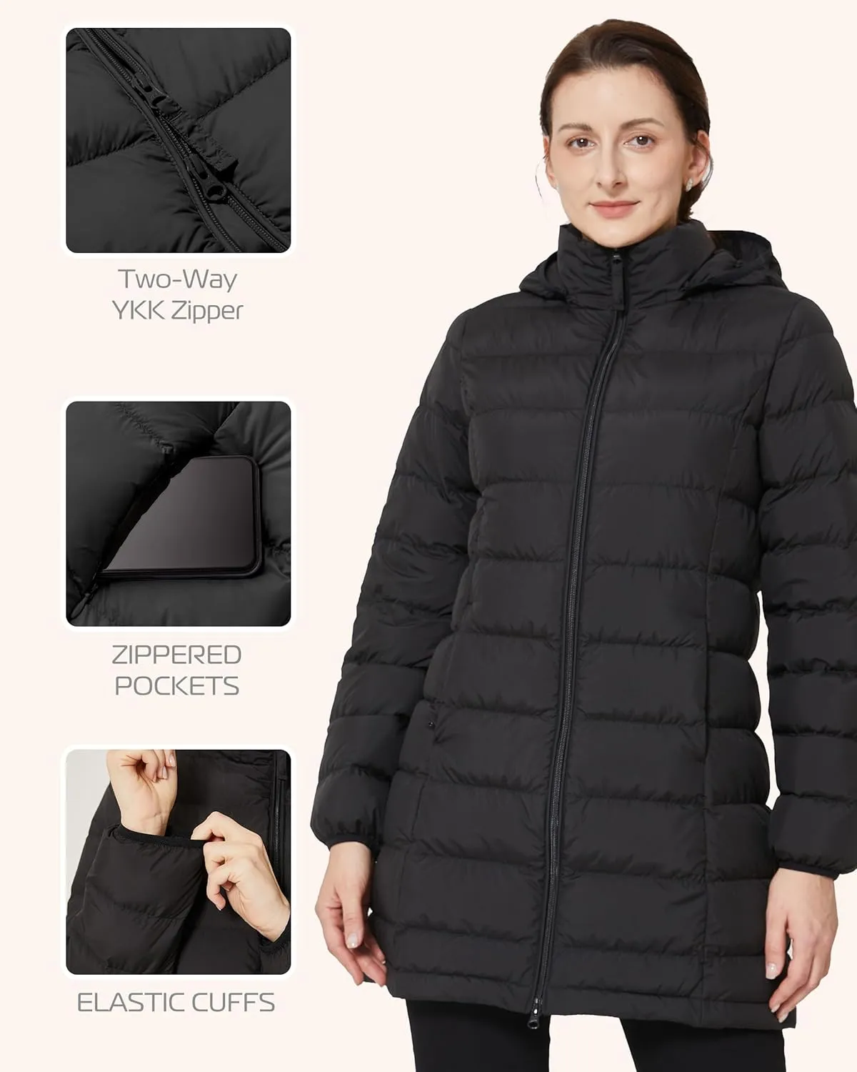 YZG Women's Warm Lightweight Long Down Jacket Warm Quilted Puffer Coat with Hood Removable