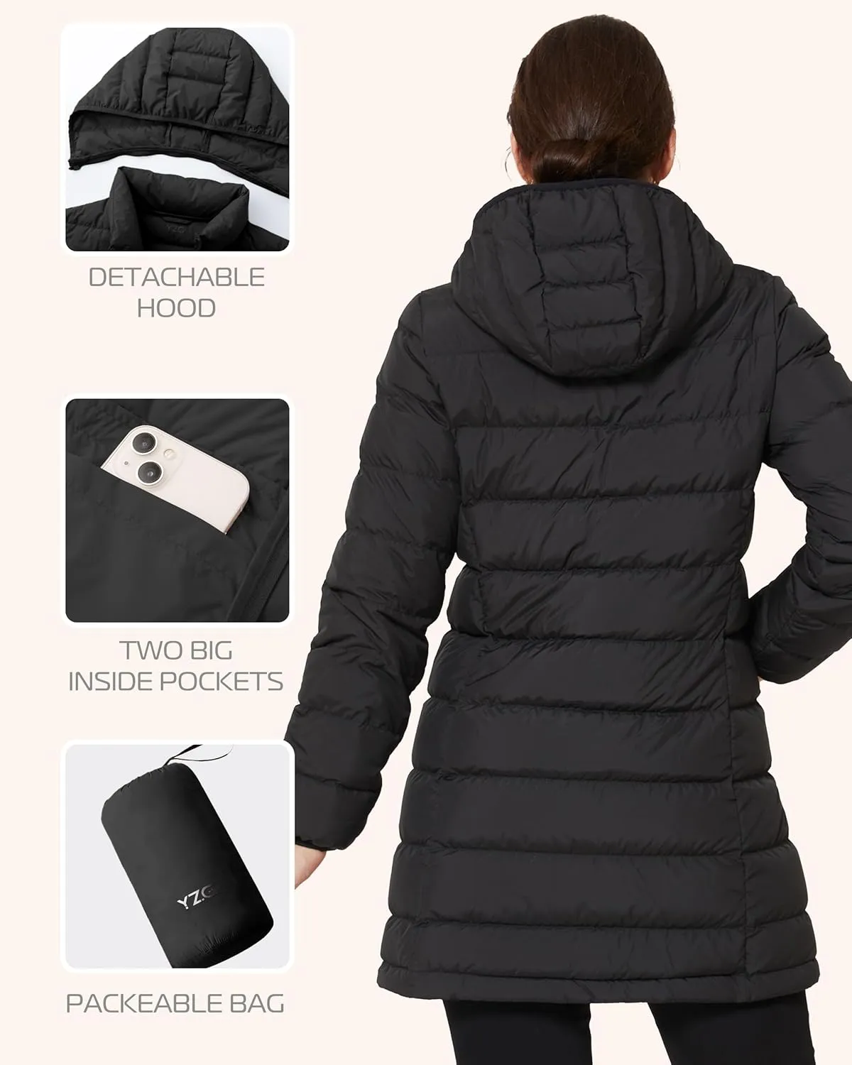 YZG Women's Warm Lightweight Long Down Jacket Warm Quilted Puffer Coat with Hood Removable
