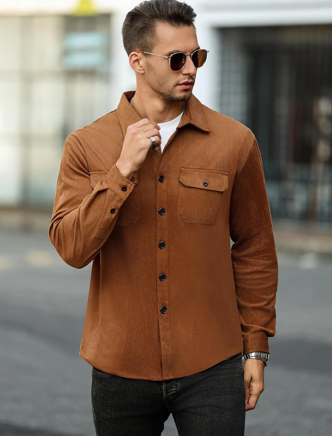 ZAFUL Men's Faux Suede Button Down Shirts Jacket Lightweight Shirt Jacket Long Sleeve Work Coat Solid Color Overshirt
