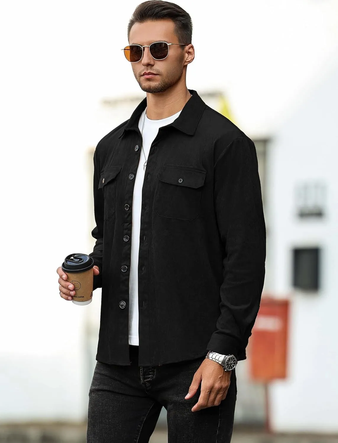 ZAFUL Men's Faux Suede Button Down Shirts Jacket Lightweight Shirt Jacket Long Sleeve Work Coat Solid Color Overshirt