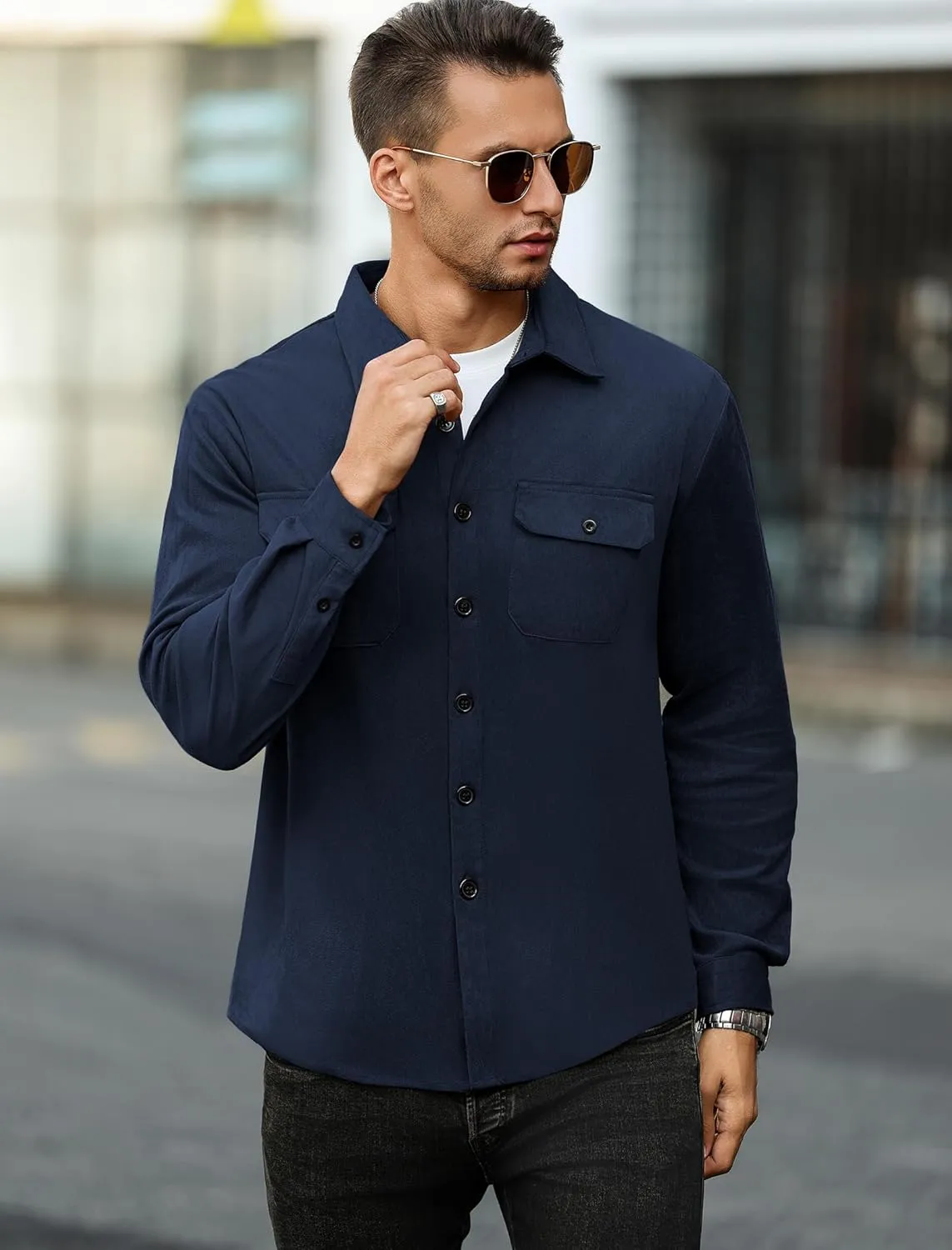 ZAFUL Men's Faux Suede Button Down Shirts Jacket Lightweight Shirt Jacket Long Sleeve Work Coat Solid Color Overshirt