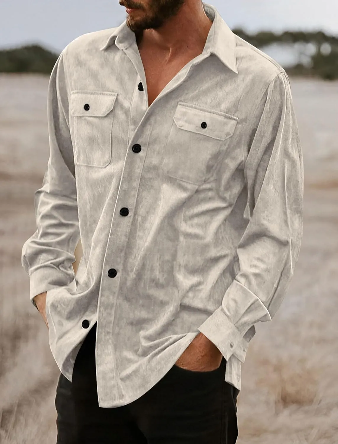 ZAFUL Men's Faux Suede Button Down Shirts Jacket Lightweight Shirt Jacket Long Sleeve Work Coat Solid Color Overshirt