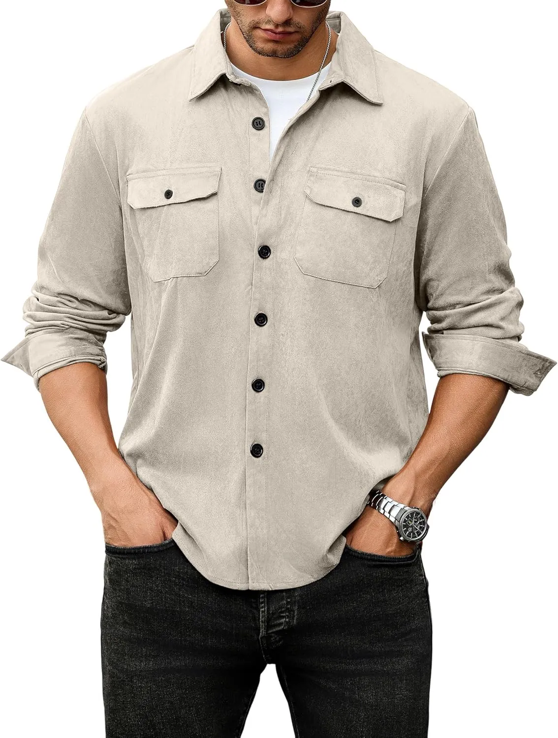 ZAFUL Men's Faux Suede Button Down Shirts Jacket Lightweight Shirt Jacket Long Sleeve Work Coat Solid Color Overshirt