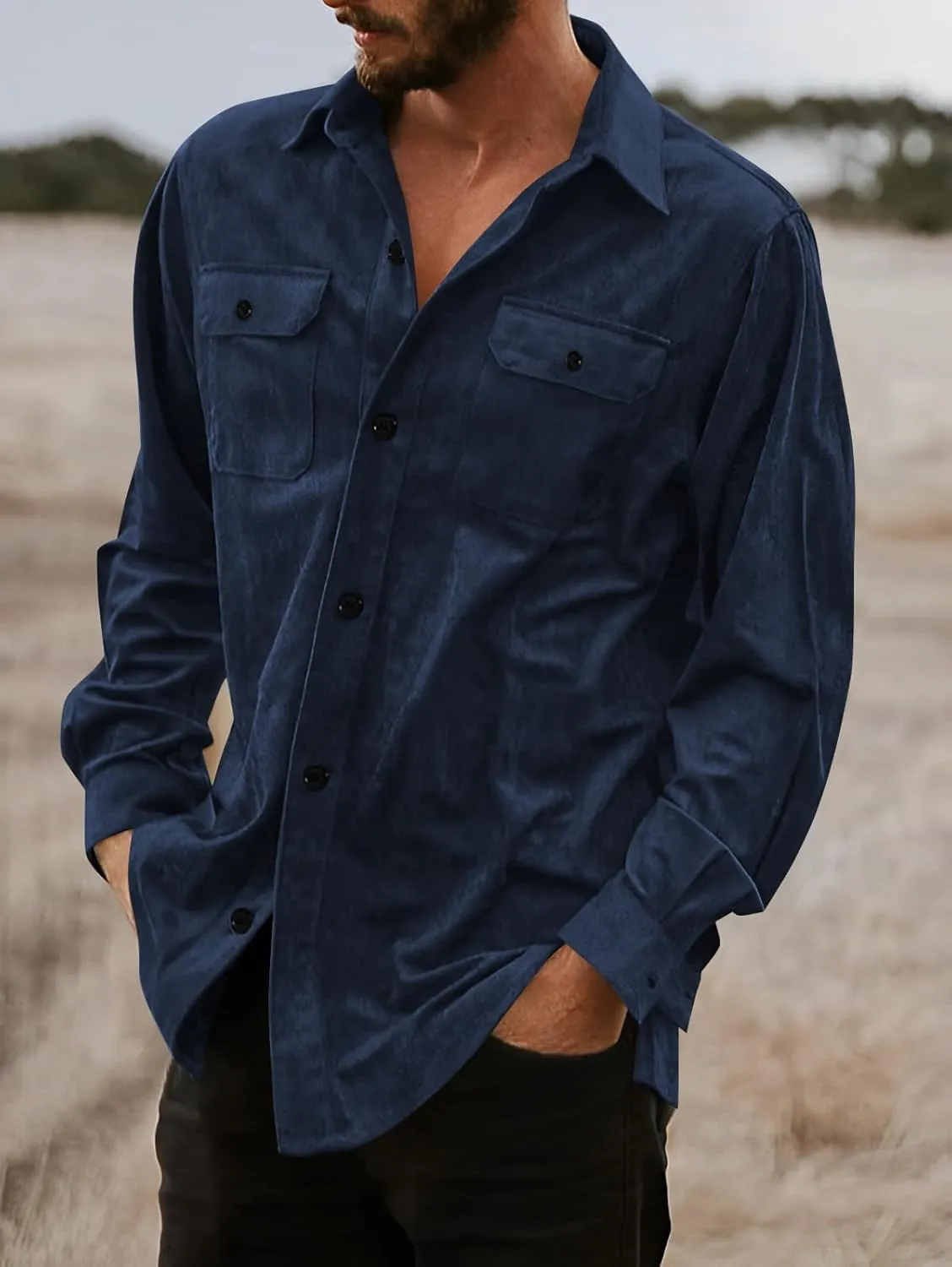 ZAFUL Men's Faux Suede Button Down Shirts Jacket Lightweight Shirt Jacket Long Sleeve Work Coat Solid Color Overshirt