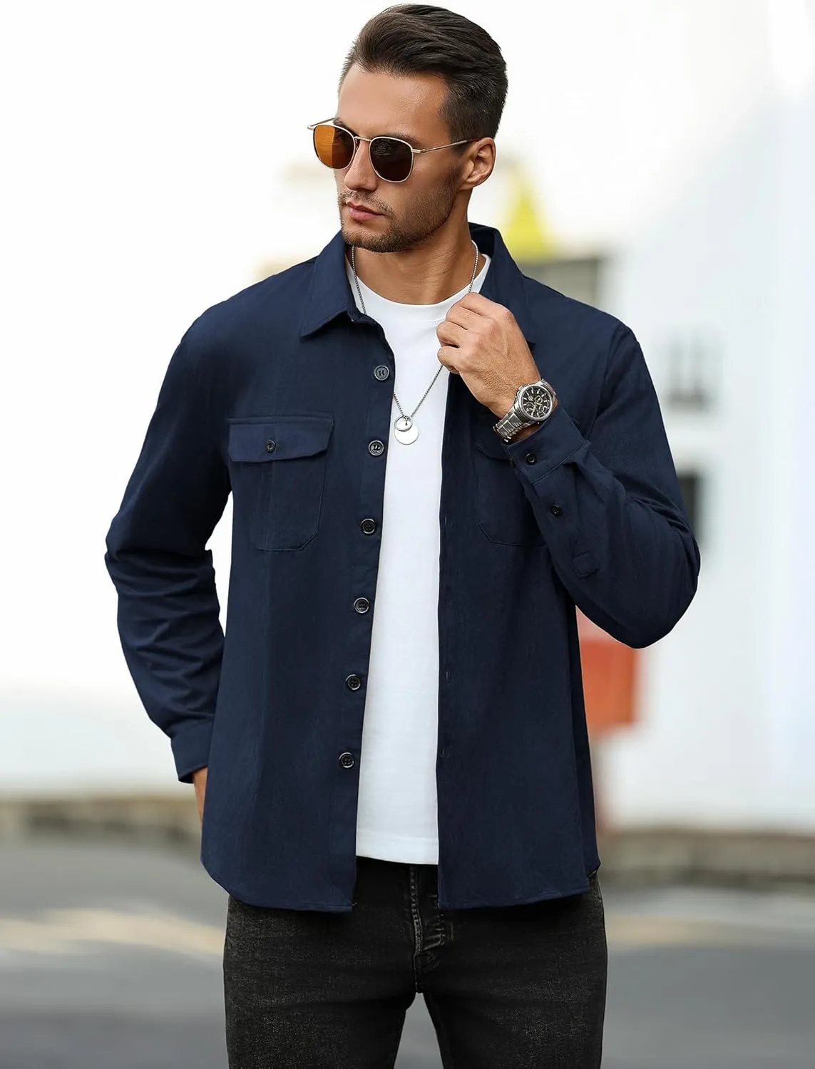 ZAFUL Men's Faux Suede Button Down Shirts Jacket Lightweight Shirt Jacket Long Sleeve Work Coat Solid Color Overshirt