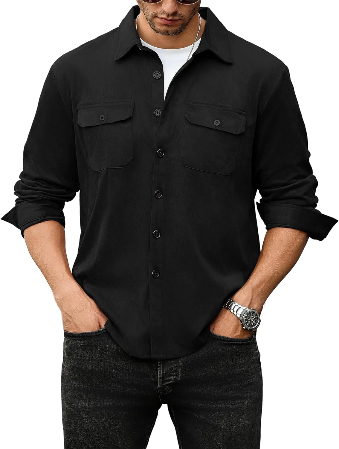 ZAFUL Men's Faux Suede Button Down Shirts Jacket Lightweight Shirt Jacket Long Sleeve Work Coat Solid Color Overshirt