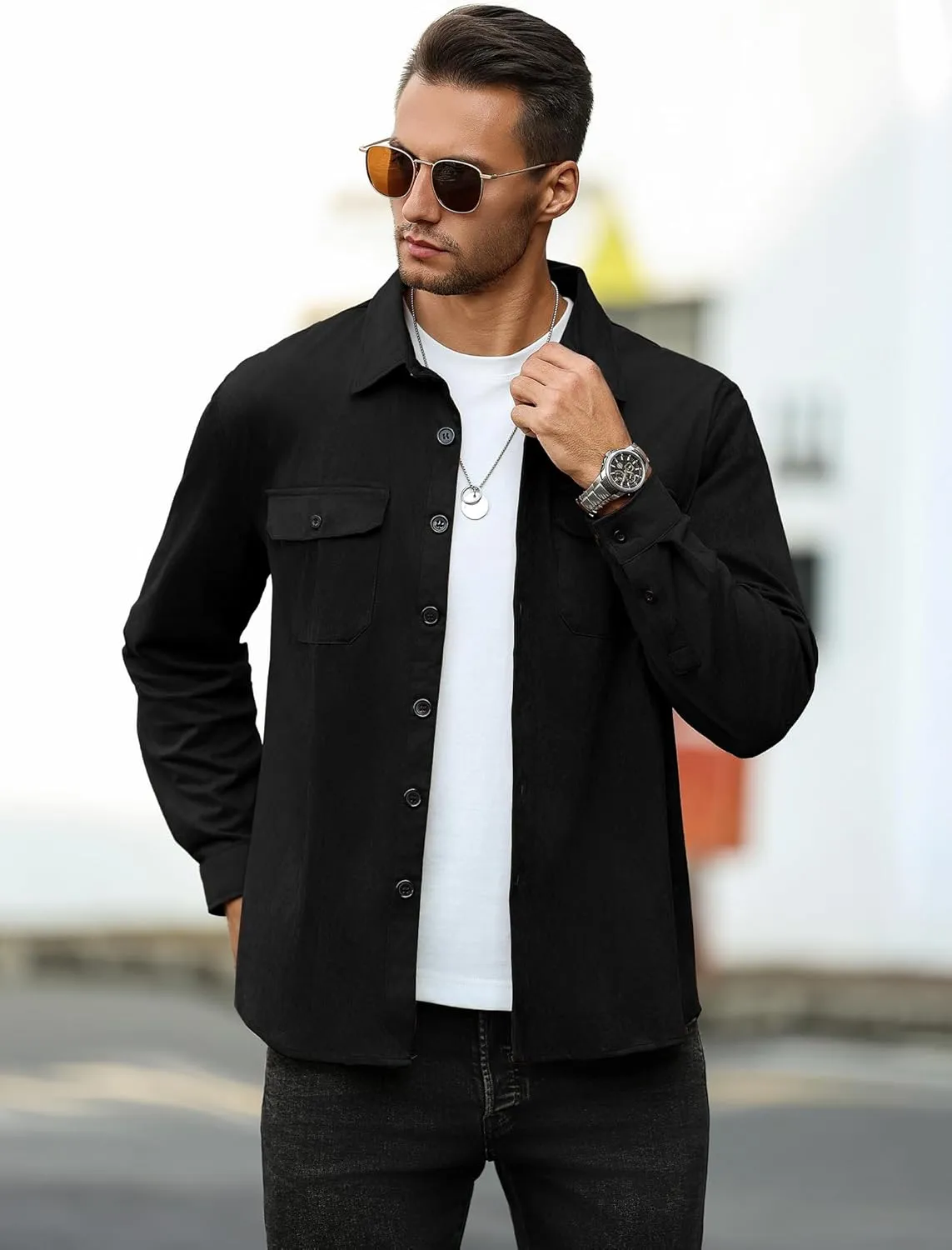 ZAFUL Men's Faux Suede Button Down Shirts Jacket Lightweight Shirt Jacket Long Sleeve Work Coat Solid Color Overshirt