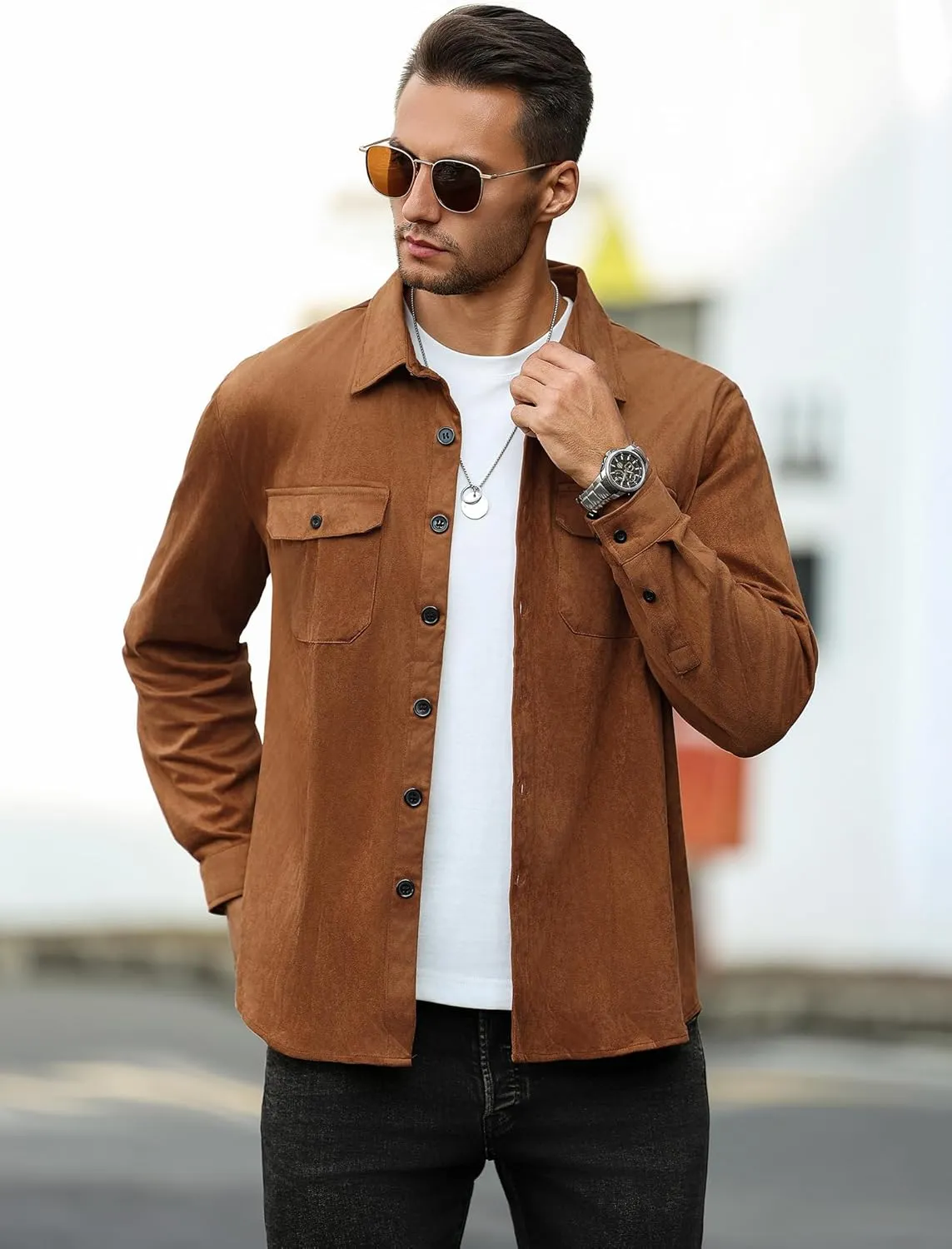 ZAFUL Men's Faux Suede Button Down Shirts Jacket Lightweight Shirt Jacket Long Sleeve Work Coat Solid Color Overshirt