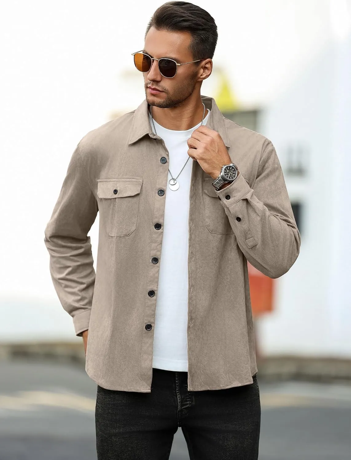 ZAFUL Men's Faux Suede Button Down Shirts Jacket Lightweight Shirt Jacket Long Sleeve Work Coat Solid Color Overshirt
