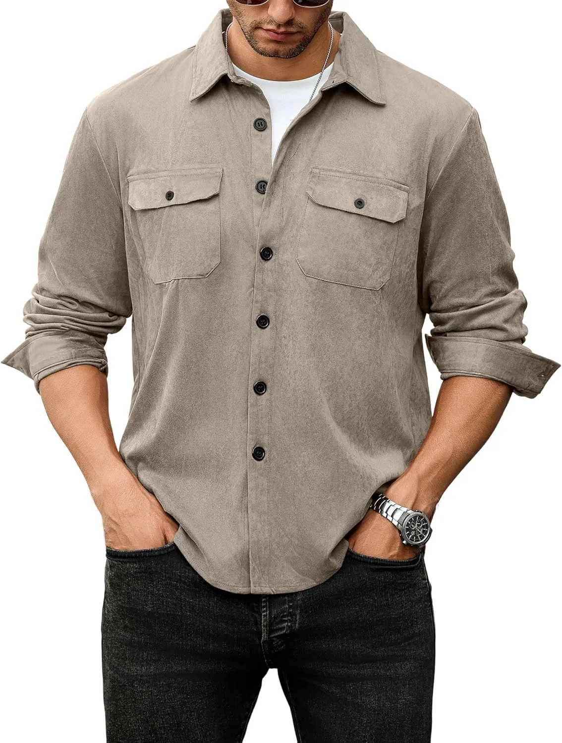 ZAFUL Men's Faux Suede Button Down Shirts Jacket Lightweight Shirt Jacket Long Sleeve Work Coat Solid Color Overshirt