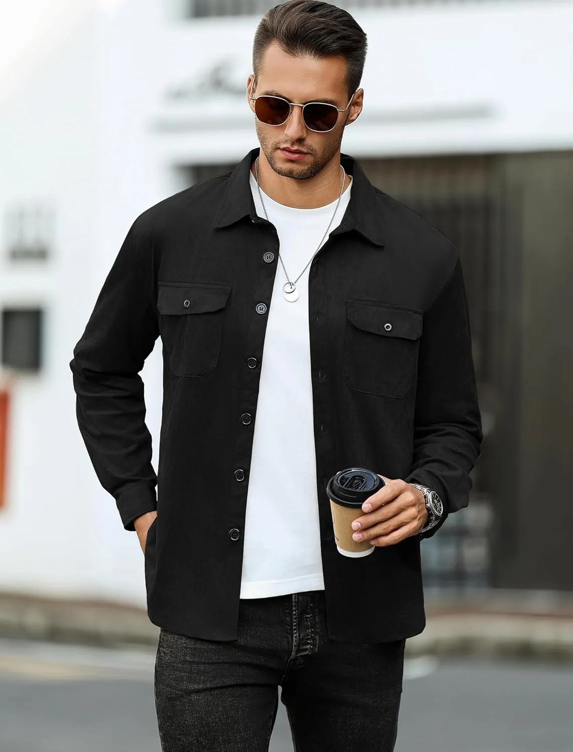 ZAFUL Men's Faux Suede Button Down Shirts Jacket Lightweight Shirt Jacket Long Sleeve Work Coat Solid Color Overshirt
