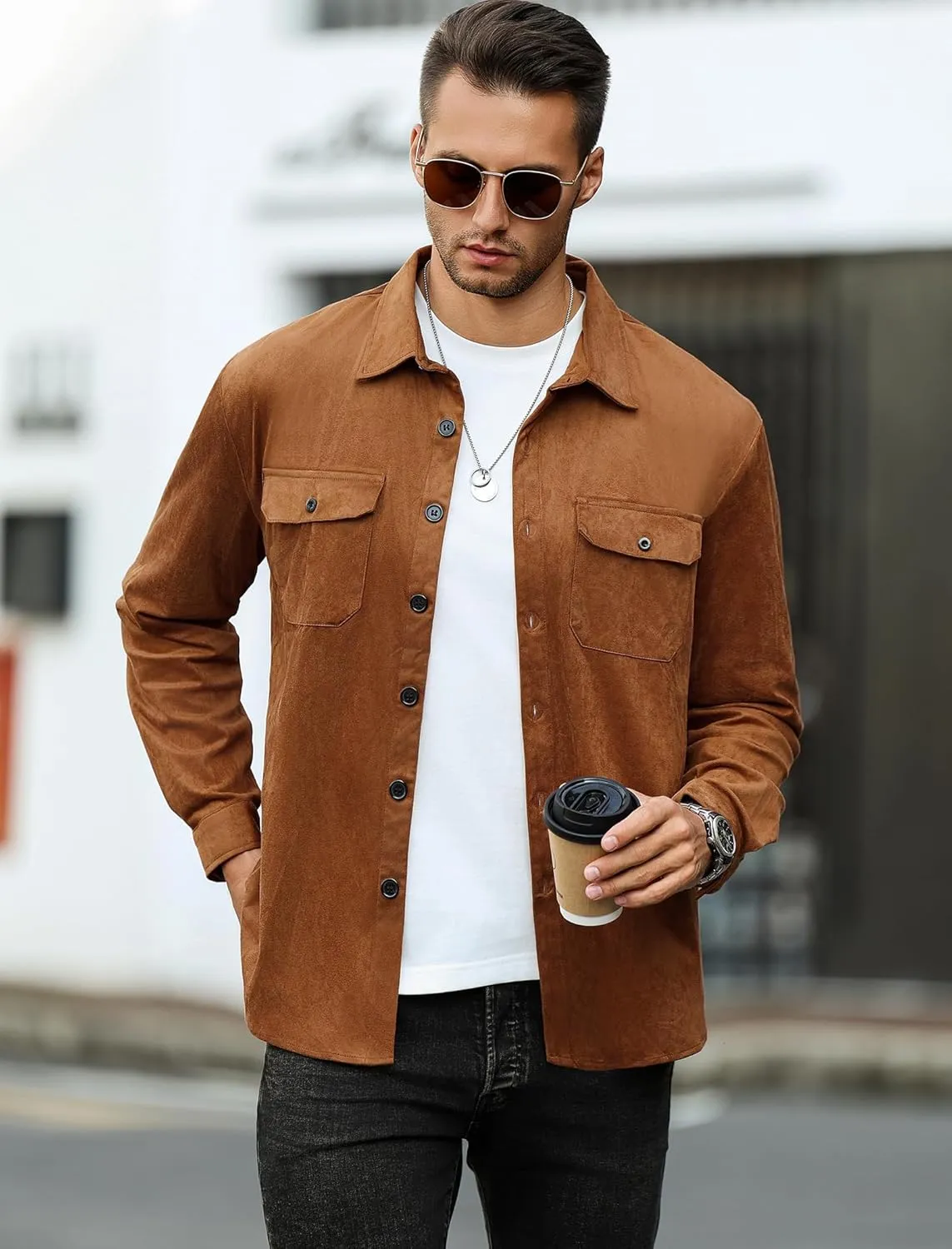 ZAFUL Men's Faux Suede Button Down Shirts Jacket Lightweight Shirt Jacket Long Sleeve Work Coat Solid Color Overshirt