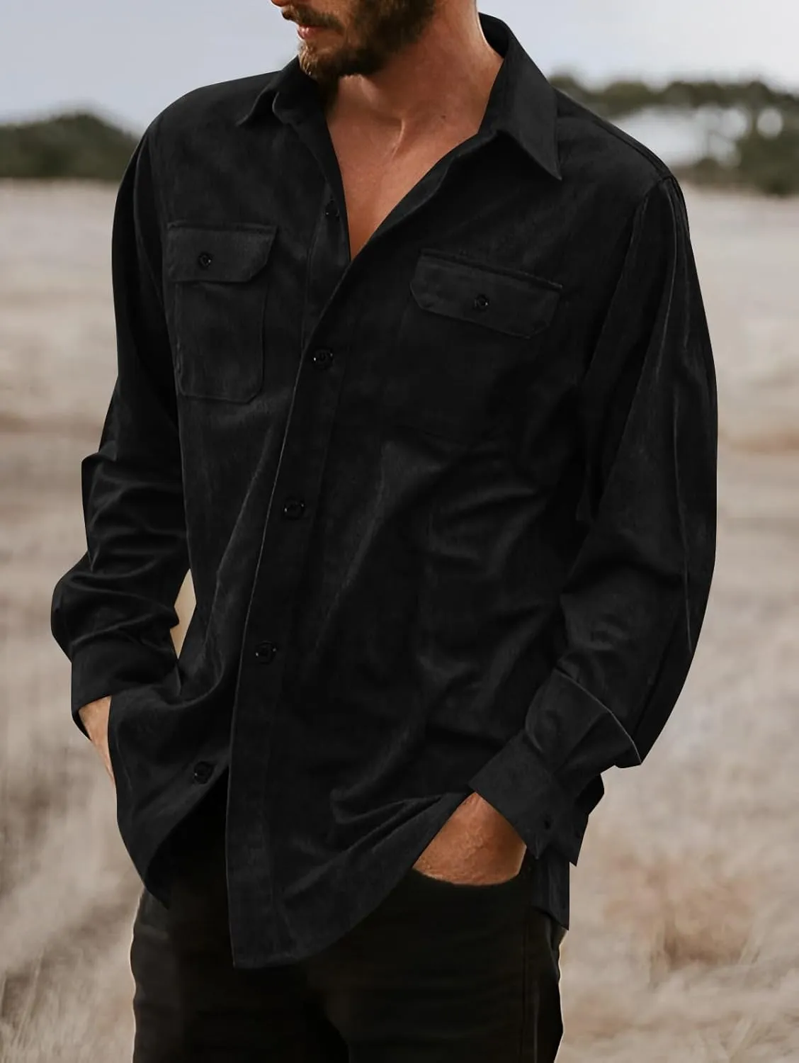 ZAFUL Men's Faux Suede Button Down Shirts Jacket Lightweight Shirt Jacket Long Sleeve Work Coat Solid Color Overshirt