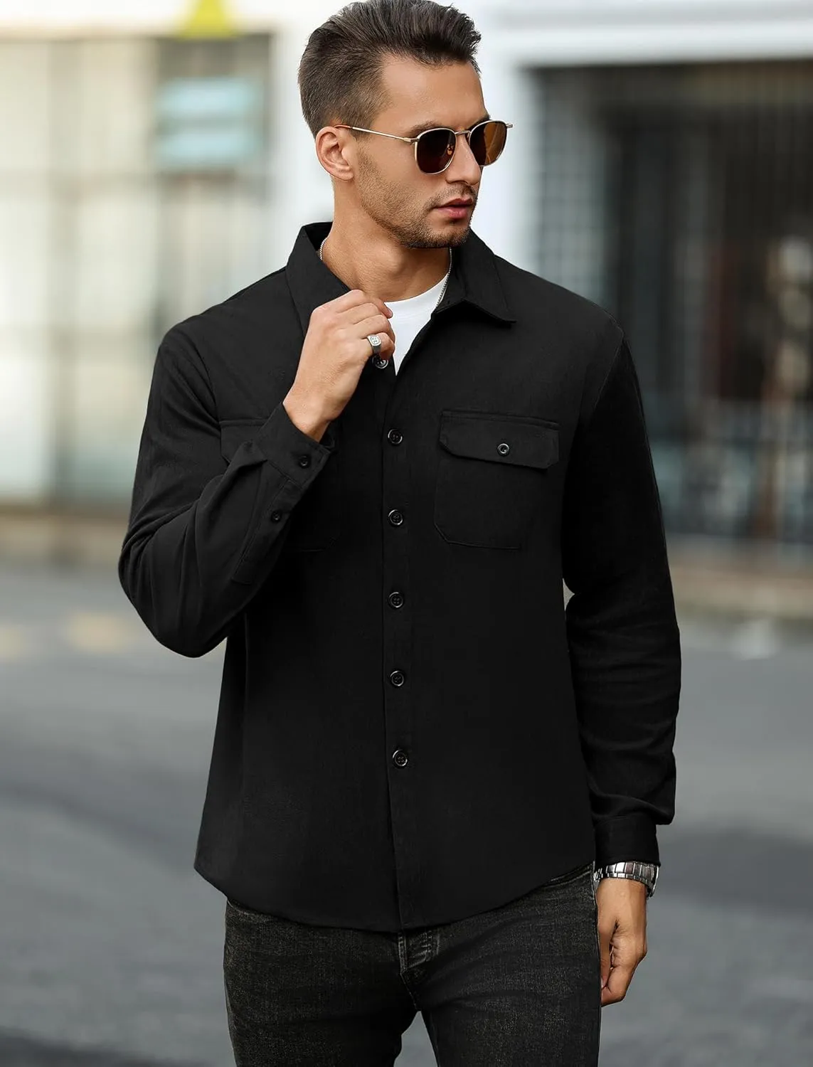 ZAFUL Men's Faux Suede Button Down Shirts Jacket Lightweight Shirt Jacket Long Sleeve Work Coat Solid Color Overshirt