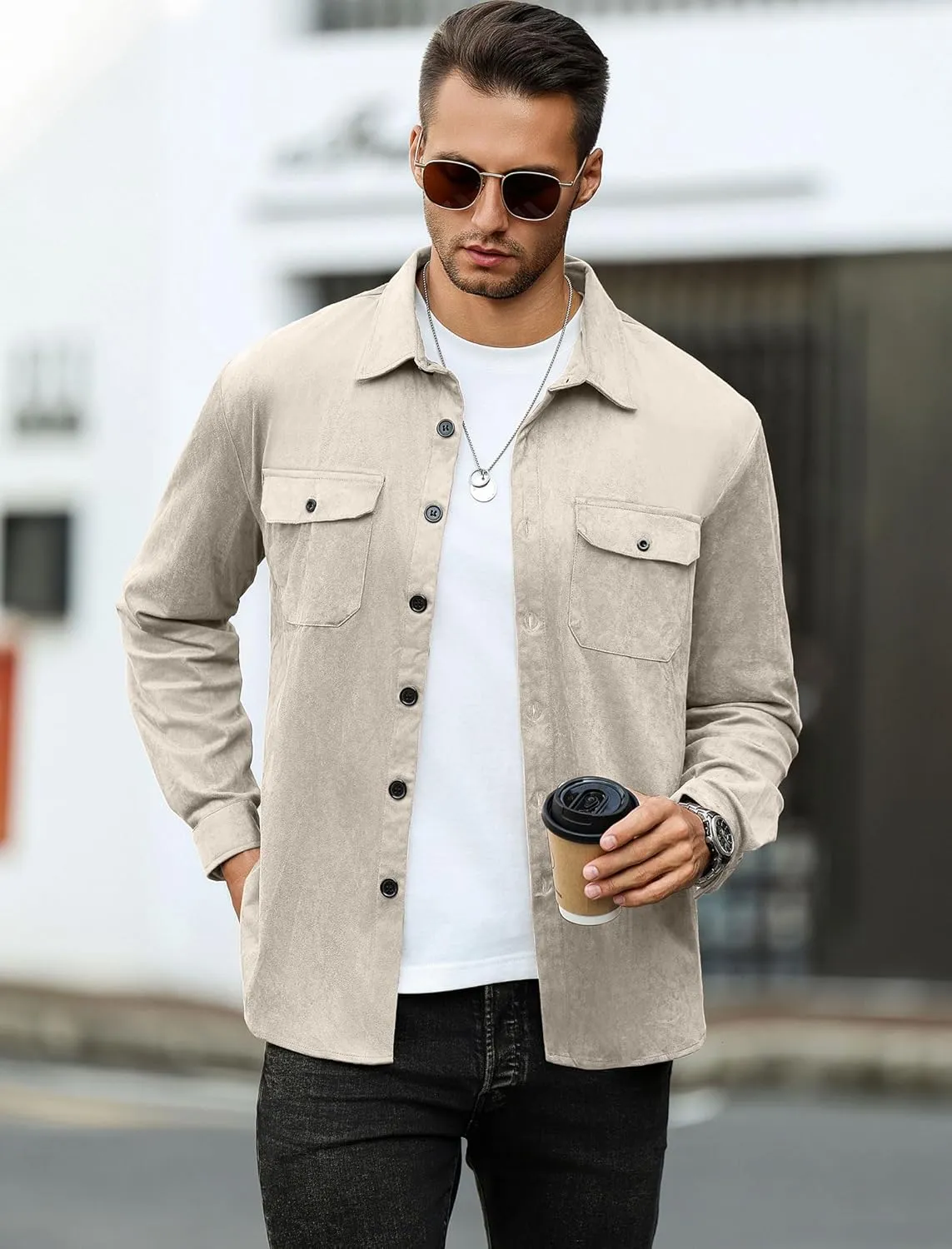 ZAFUL Men's Faux Suede Button Down Shirts Jacket Lightweight Shirt Jacket Long Sleeve Work Coat Solid Color Overshirt