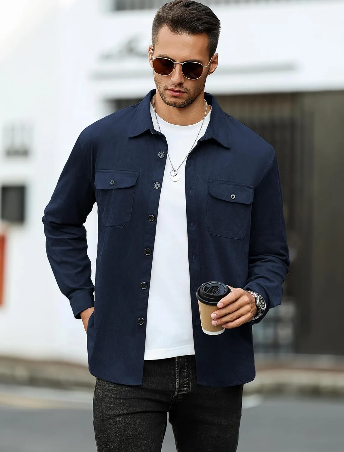 ZAFUL Men's Faux Suede Button Down Shirts Jacket Lightweight Shirt Jacket Long Sleeve Work Coat Solid Color Overshirt