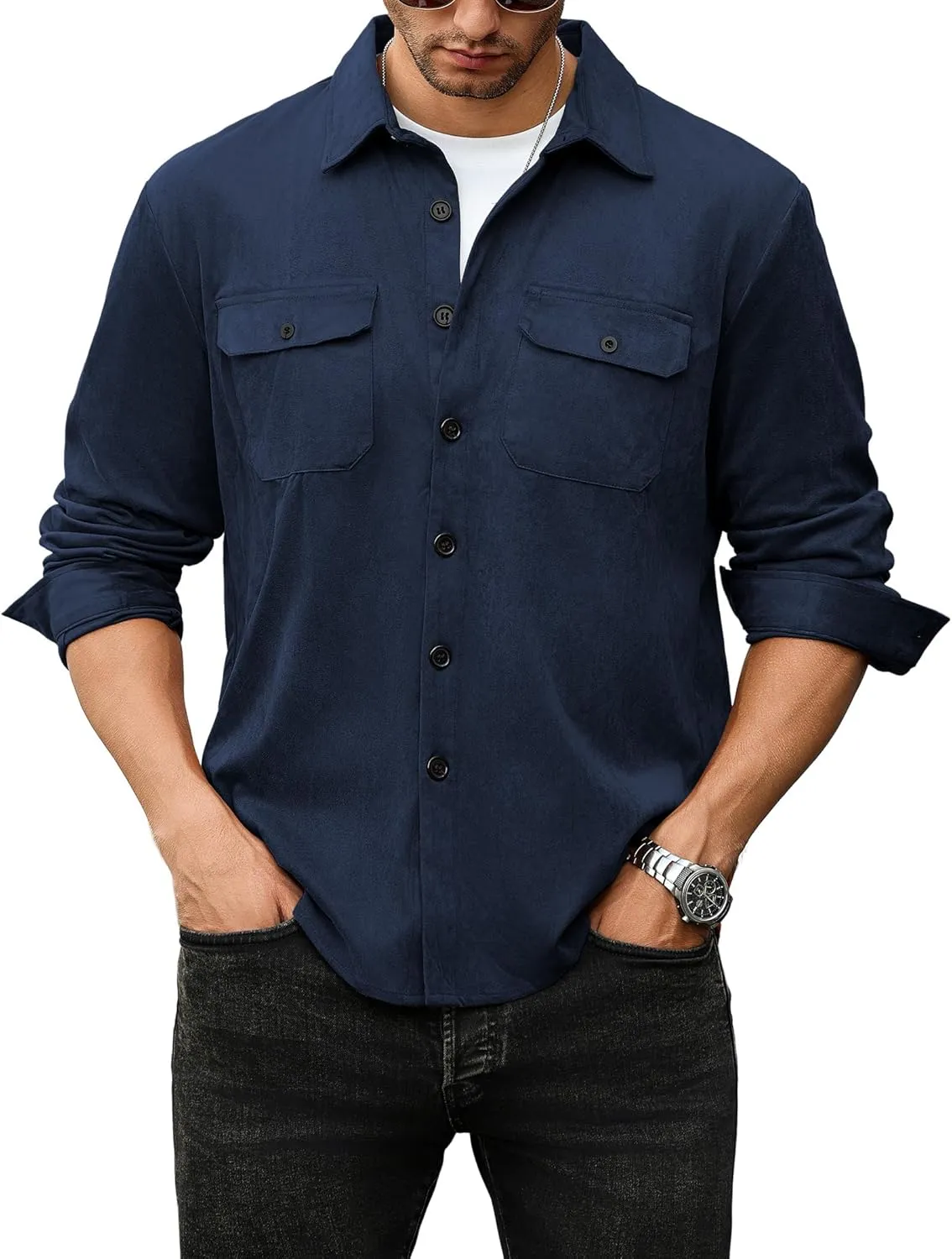 ZAFUL Men's Faux Suede Button Down Shirts Jacket Lightweight Shirt Jacket Long Sleeve Work Coat Solid Color Overshirt