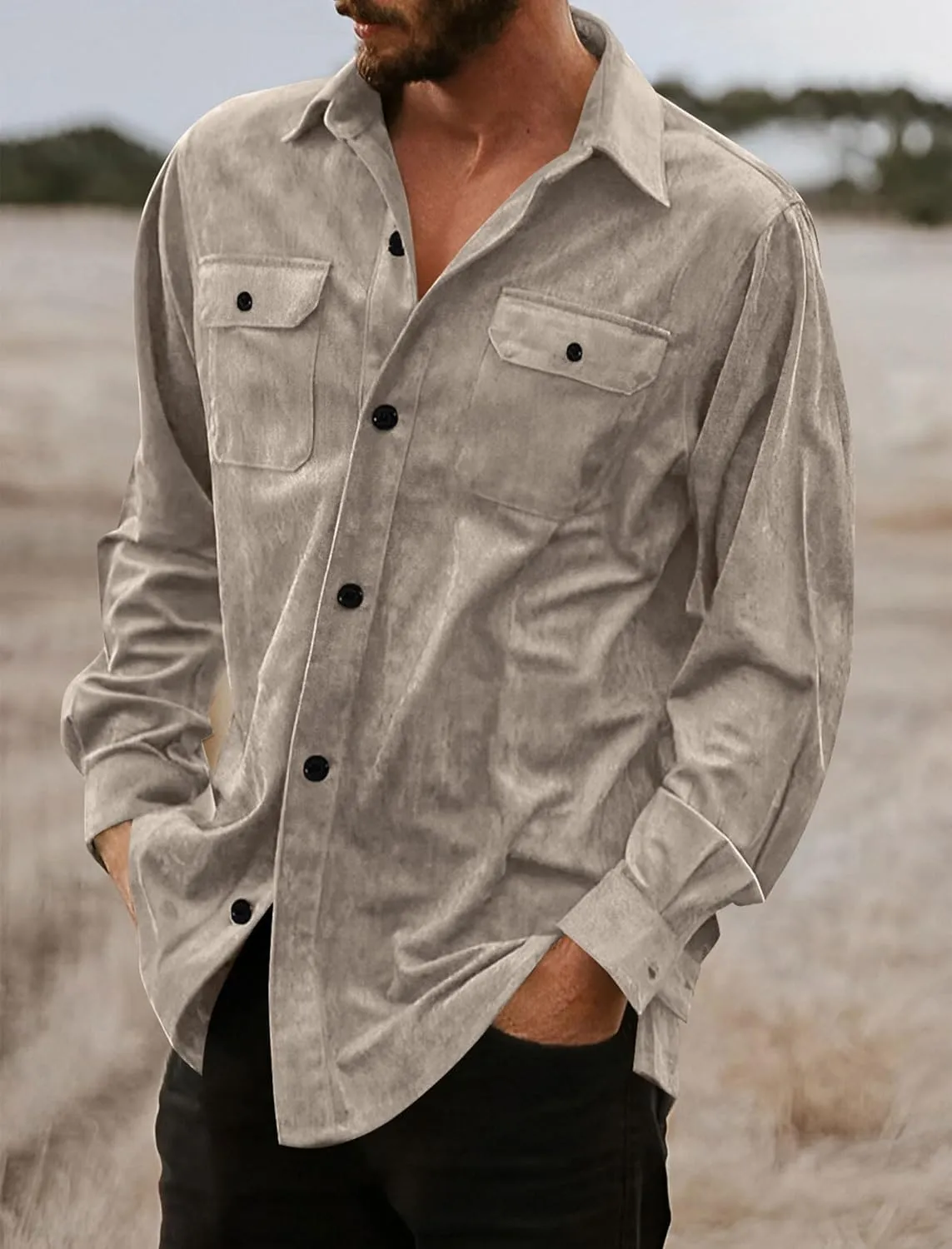 ZAFUL Men's Faux Suede Button Down Shirts Jacket Lightweight Shirt Jacket Long Sleeve Work Coat Solid Color Overshirt