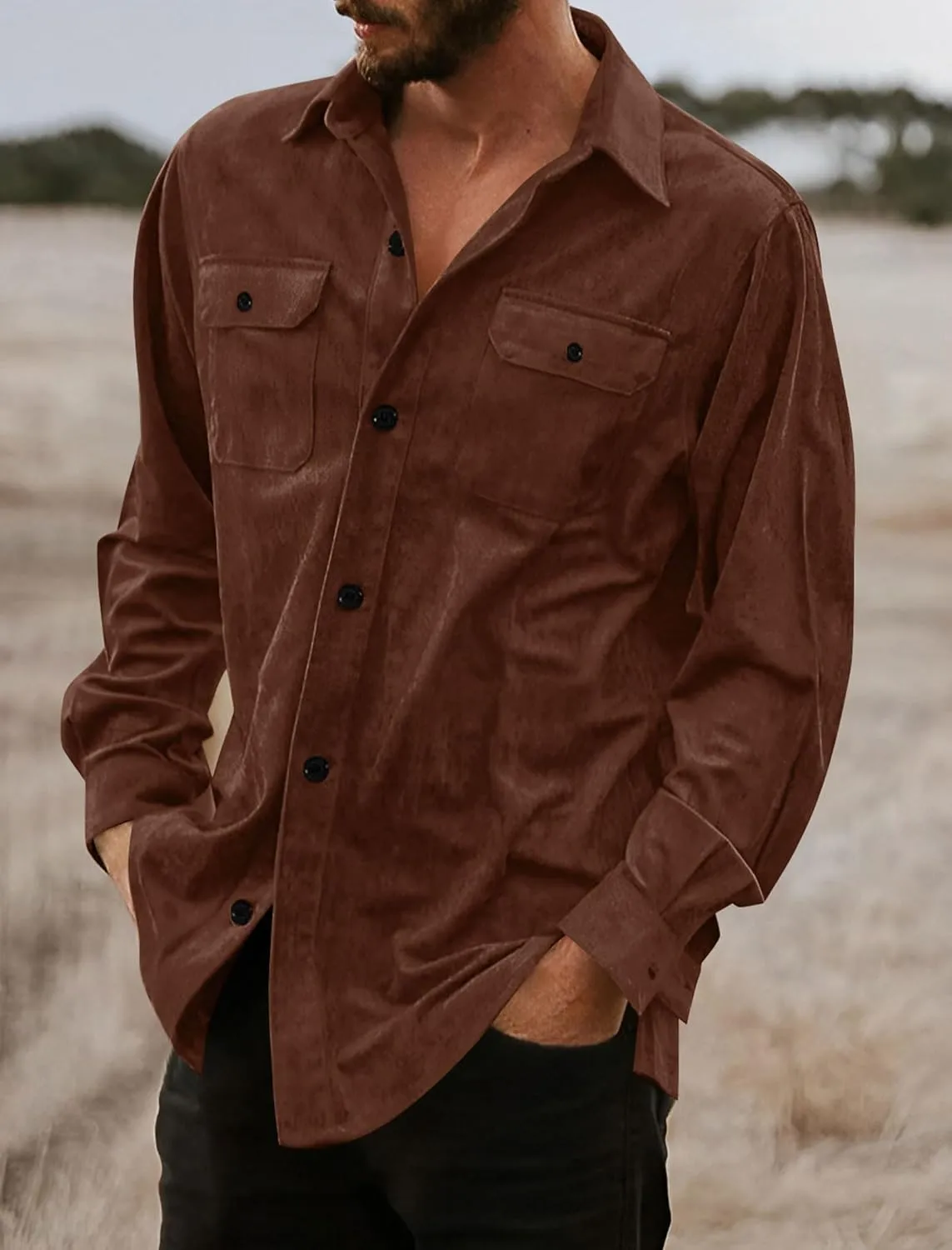ZAFUL Men's Faux Suede Button Down Shirts Jacket Lightweight Shirt Jacket Long Sleeve Work Coat Solid Color Overshirt