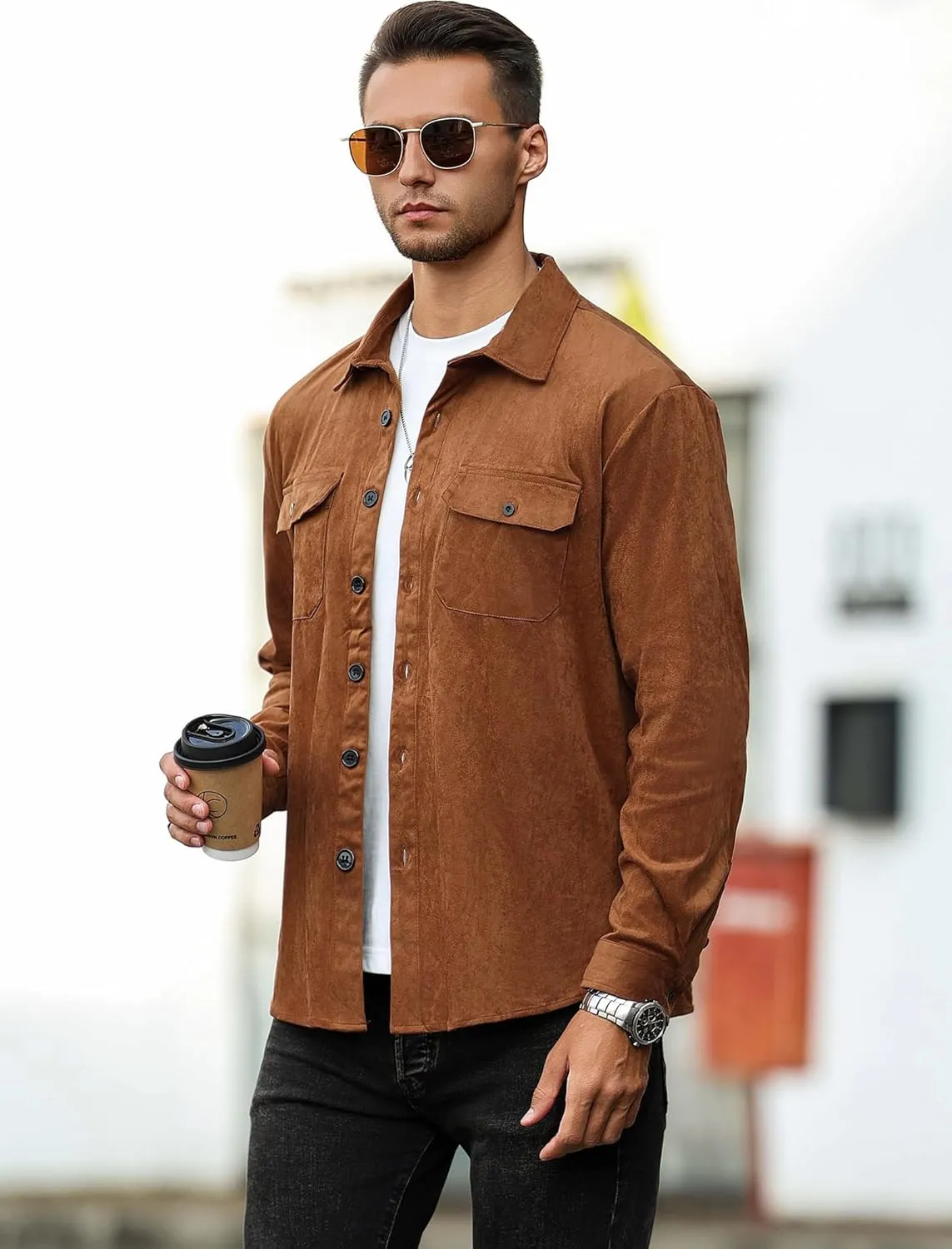 ZAFUL Men's Faux Suede Button Down Shirts Jacket Lightweight Shirt Jacket Long Sleeve Work Coat Solid Color Overshirt