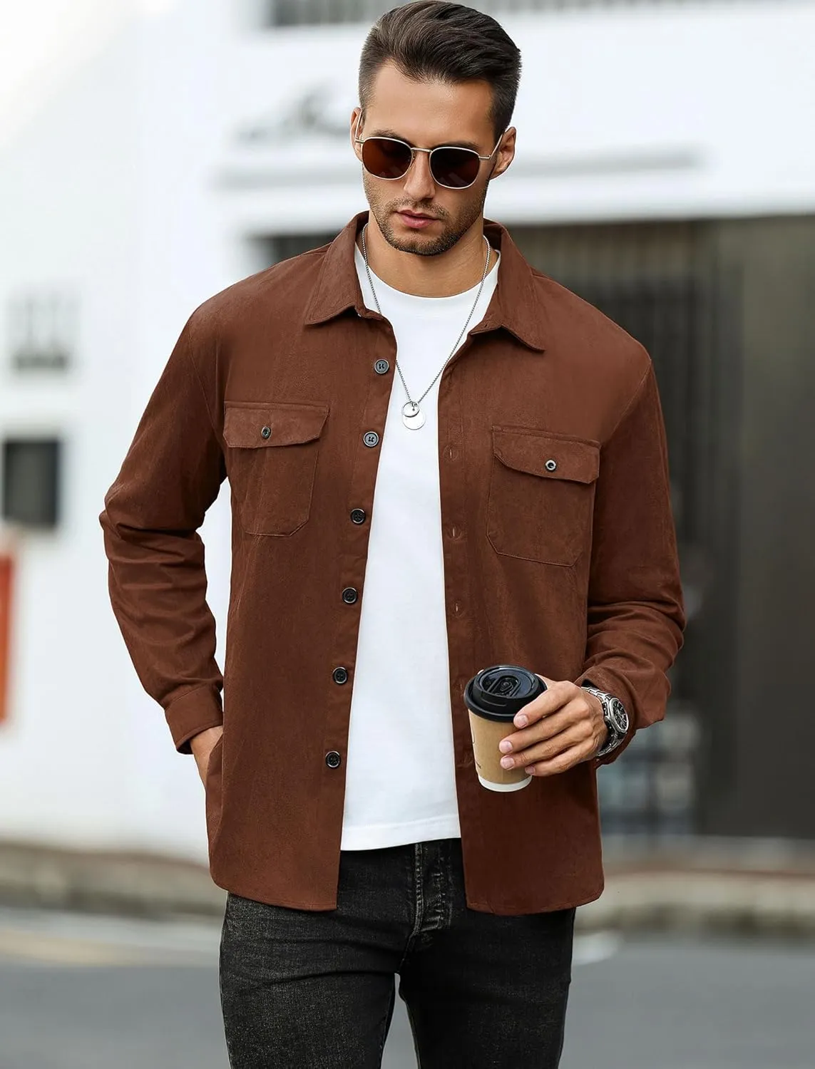 ZAFUL Men's Faux Suede Button Down Shirts Jacket Lightweight Shirt Jacket Long Sleeve Work Coat Solid Color Overshirt