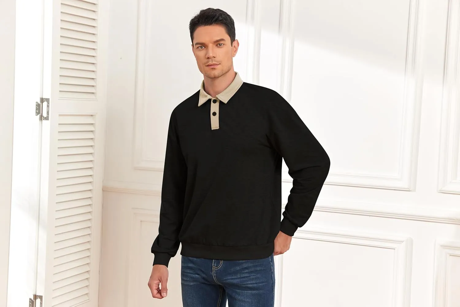 ZAFUL Men's Long Sleeve Polo Shirts Color Spliced Polo Collar Sweatshirt Casual Golf Patchwork Shirts Tops