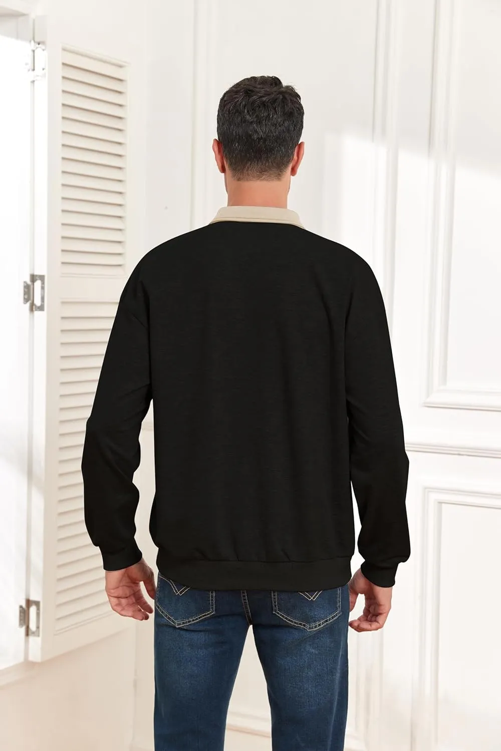ZAFUL Men's Long Sleeve Polo Shirts Color Spliced Polo Collar Sweatshirt Casual Golf Patchwork Shirts Tops