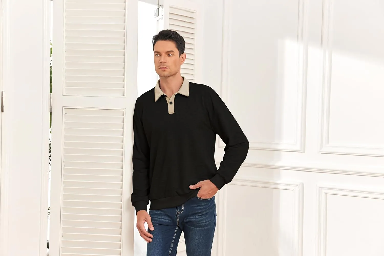 ZAFUL Men's Long Sleeve Polo Shirts Color Spliced Polo Collar Sweatshirt Casual Golf Patchwork Shirts Tops