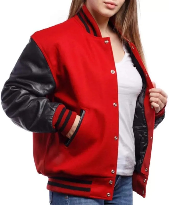 Zaine Enterprises Varsity Women's Baseball Letterman Bomber Red Wool & Black Leather Sleeves Jacket