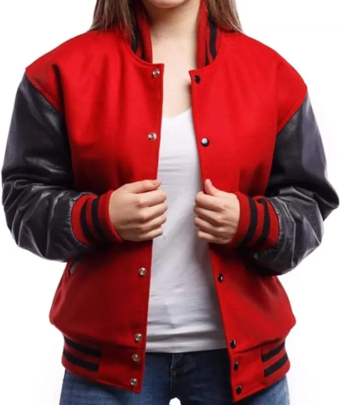 Zaine Enterprises Varsity Women's Baseball Letterman Bomber Red Wool & Black Leather Sleeves Jacket