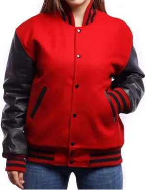 Zaine Enterprises Varsity Women's Baseball Letterman Bomber Red Wool & Black Leather Sleeves Jacket