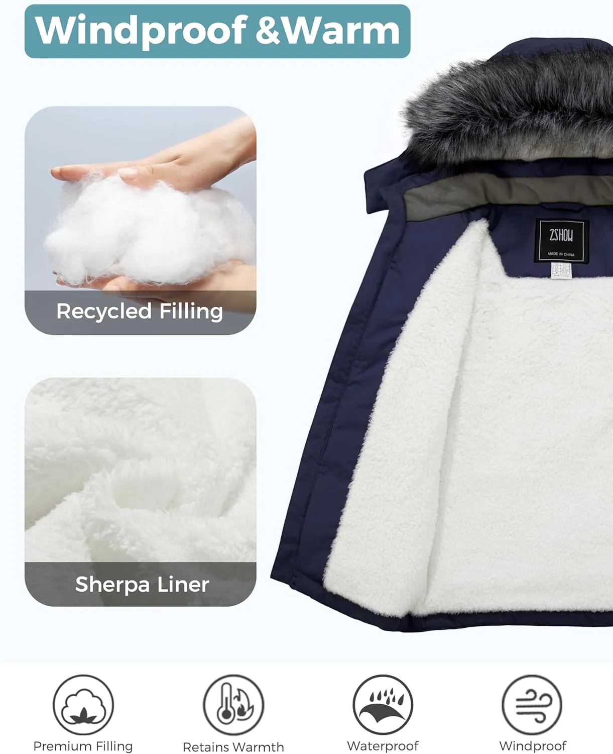 ZSHOW Boys' Hooded Winter Coat Warm Waterproof Puffer Jacket Thick Fleece Parka