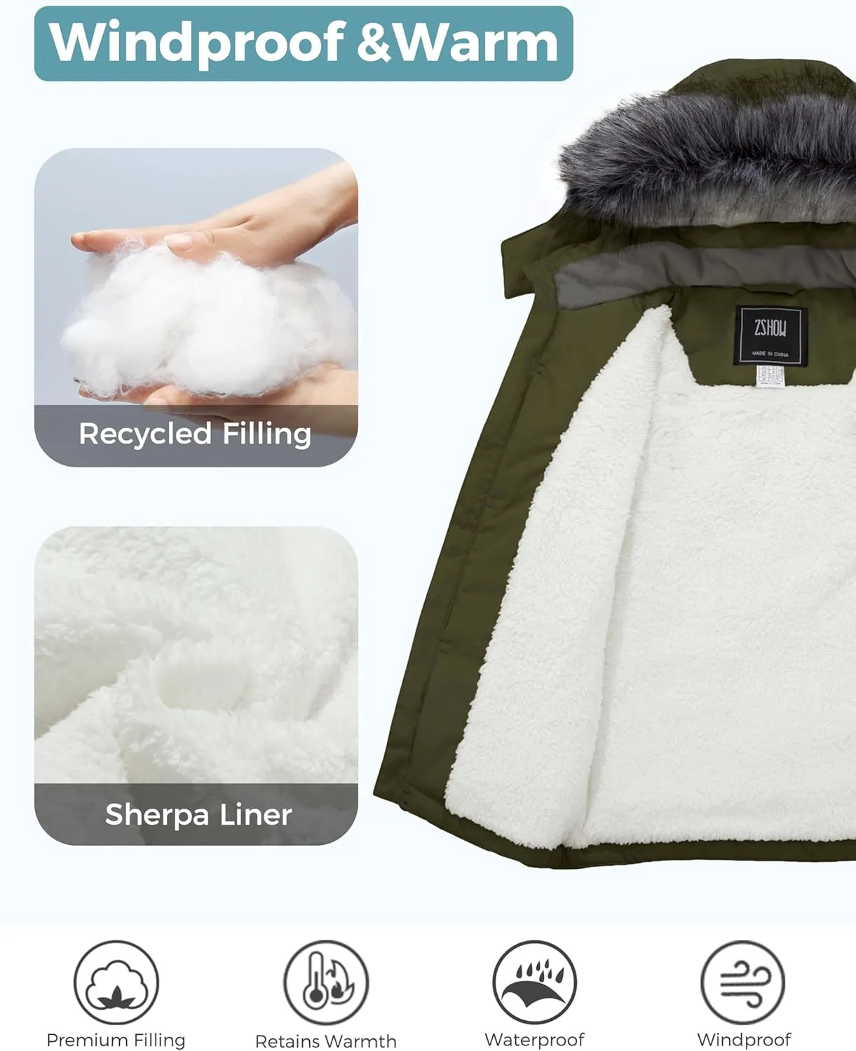 ZSHOW Boys' Hooded Winter Coat Warm Waterproof Puffer Jacket Thick Fleece Parka