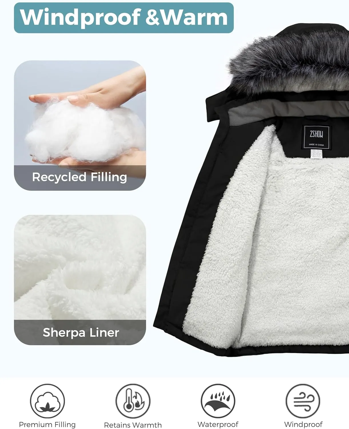 ZSHOW Boys' Hooded Winter Coat Warm Waterproof Puffer Jacket Thick Fleece Parka