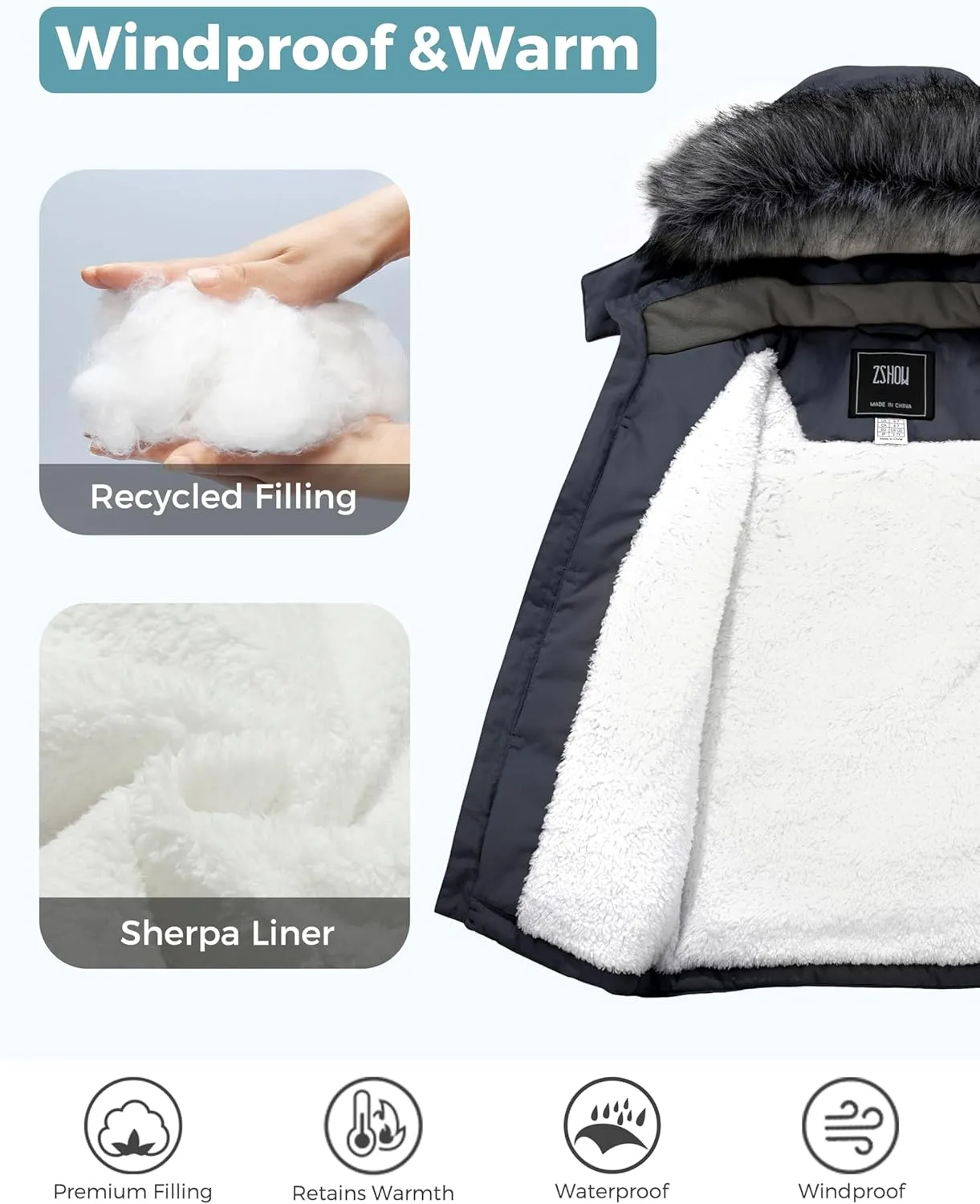 ZSHOW Boys' Hooded Winter Coat Warm Waterproof Puffer Jacket Thick Fleece Parka